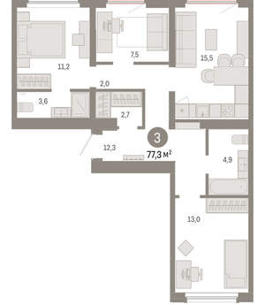 2-к квартира, вторичка, 77м2, 9/9 этаж