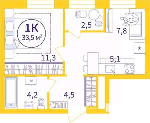 1-к квартира, сданный дом, 34м2, 7/8 этаж