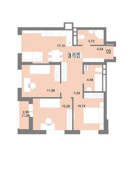 3-к квартира, вторичка, 73м2, 3/22 этаж