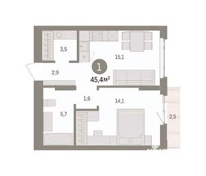1-к квартира, вторичка, 45м2, 7/16 этаж