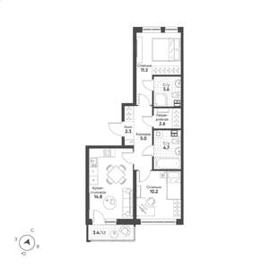 2-к квартира, вторичка, 56м2, 9/15 этаж