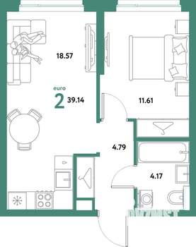 2-к квартира, строящийся дом, 39м2, 24/31 этаж