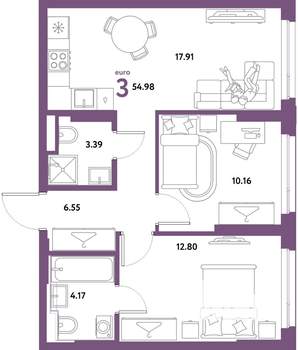 3-к квартира, строящийся дом, 55м2, 6/31 этаж