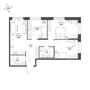 3-к квартира, строящийся дом, 73м2, 3/16 этаж