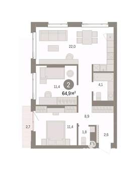 2-к квартира, вторичка, 65м2, 8/25 этаж
