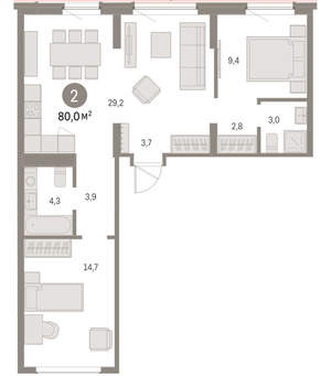 2-к квартира, вторичка, 80м2, 8/9 этаж