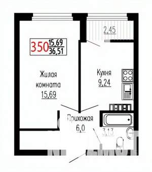 1-к квартира, строящийся дом, 37м2, 26/27 этаж