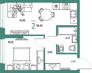 2-к квартира, строящийся дом, 36м2, 3/25 этаж