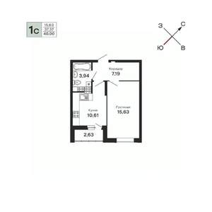 1-к квартира, строящийся дом, 40м2, 19/21 этаж