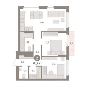 2-к квартира, вторичка, 65м2, 4/16 этаж