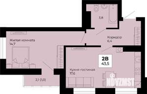 1-к квартира, строящийся дом, 44м2, 13/25 этаж