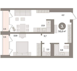 1-к квартира, вторичка, 57м2, 20/24 этаж