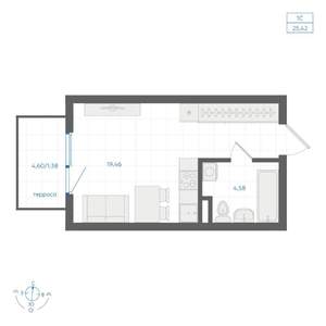 Студия квартира, строящийся дом, 25м2, 1/4 этаж