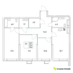 3-к квартира, вторичка, 94м2, 25/31 этаж