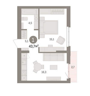 1-к квартира, вторичка, 44м2, 5/16 этаж