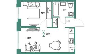 2-к квартира, вторичка, 37м2, 13/20 этаж
