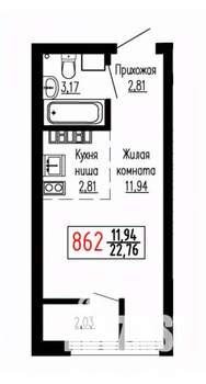 Студия квартира, строящийся дом, 23м2, 24/27 этаж