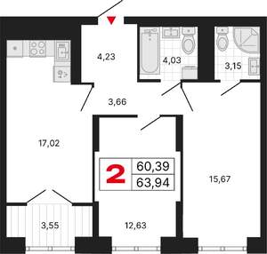 2-к квартира, вторичка, 64м2, 24/25 этаж