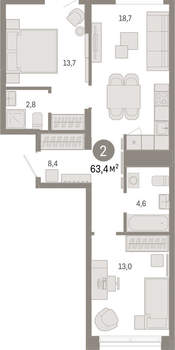 2-к квартира, вторичка, 63м2, 8/16 этаж