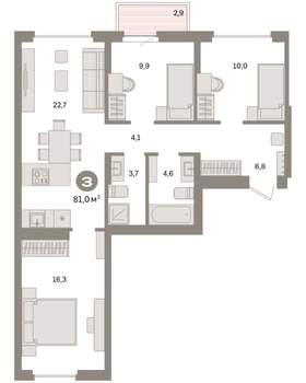 3-к квартира, вторичка, 81м2, 9/9 этаж