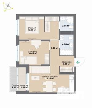 2-к квартира, вторичка, 57м2, 8/9 этаж