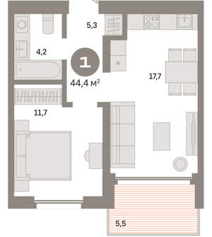 1-к квартира, вторичка, 44м2, 15/24 этаж