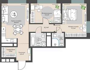 2-к квартира, строящийся дом, 77м2, 6/30 этаж