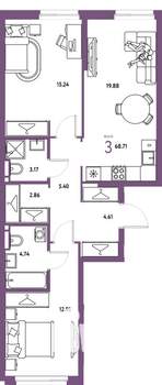 3-к квартира, строящийся дом, 69м2, 5/24 этаж