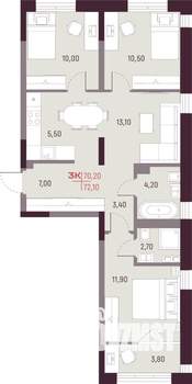 3-к квартира, вторичка, 70м2, 2/25 этаж