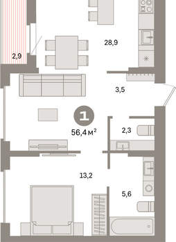 1-к квартира, вторичка, 56м2, 8/9 этаж