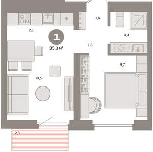 1-к квартира, вторичка, 35м2, 3/16 этаж