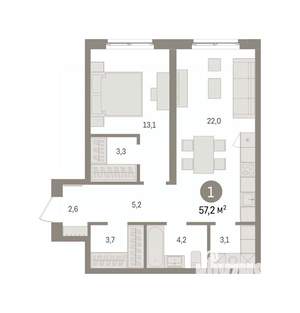 1-к квартира, вторичка, 57м2, 4/15 этаж