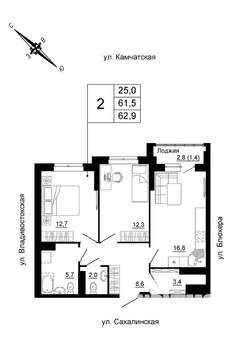 2-к квартира, вторичка, 63м2, 24/24 этаж