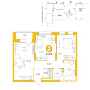 3-к квартира, строящийся дом, 63м2, 14/25 этаж