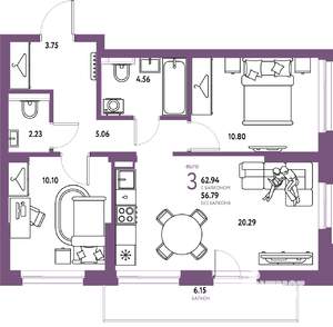 3-к квартира, строящийся дом, 63м2, 3/25 этаж