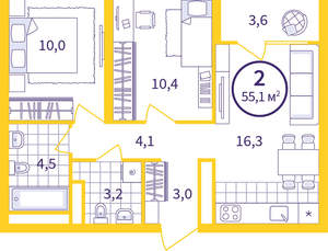 2-к квартира, вторичка, 53м2, 16/24 этаж