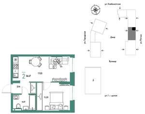 2-к квартира, строящийся дом, 37м2, 2/24 этаж