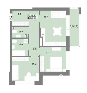 2-к квартира, вторичка, 59м2, 2/25 этаж