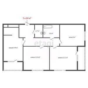 3-к квартира, вторичка, 64м2, 3/19 этаж