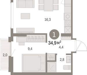 1-к квартира, вторичка, 35м2, 7/9 этаж