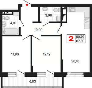 2-к квартира, вторичка, 68м2, 3/25 этаж