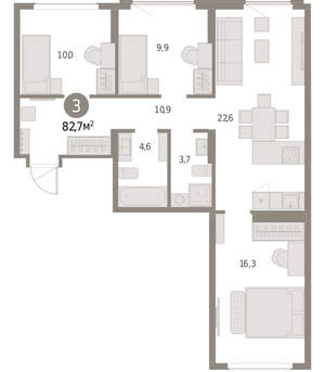 3-к квартира, вторичка, 83м2, 8/9 этаж
