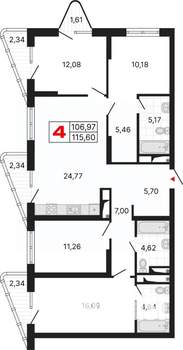 4-к квартира, вторичка, 116м2, 6/25 этаж