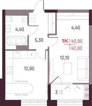 1-к квартира, строящийся дом, 41м2, 3/25 этаж