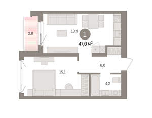 1-к квартира, вторичка, 47м2, 2/15 этаж