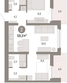 2-к квартира, вторичка, 59м2, 7/9 этаж