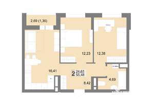 2-к квартира, строящийся дом, 55м2, 8/22 этаж
