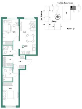 2-к квартира, строящийся дом, 65м2, 3/21 этаж
