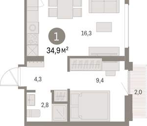 1-к квартира, вторичка, 35м2, 7/9 этаж