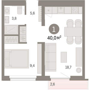 1-к квартира, вторичка, 40м2, 6/9 этаж